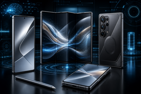 An editorial high-end tech scene showing four futuristic premium smartphones for 2026 arranged in a sleek studio composition: one refined minimalist slab phone with an elegant glass-and-metal finish, one dramatic tri-fold smartphone partially unfolded into a tablet-like display, one powerful camera-focused flagship with prominent rear lenses and a bold premium design, and one balanced modern Samsung-style flagship with a clean AMOLED-inspired screen. Surround them with subtle glowing AI interface elements, abstract data lines, soft blue and silver lighting, reflective black surfaces, and a sophisticated atmosphere of innovation, performance, photography, battery power, and next-generation mobile technology. Ultra-detailed, realistic product visualization, clean composition, premium editorial style, no text, no logos, no branding.